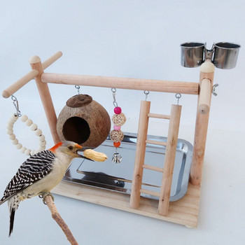 Игрална площадка за птици Играчка за папагал Wood Perch Gym Coconut Shell Клетка за птици Стълба Упражнение Играчка за птици с чаши за хранене For Conure Lovebird