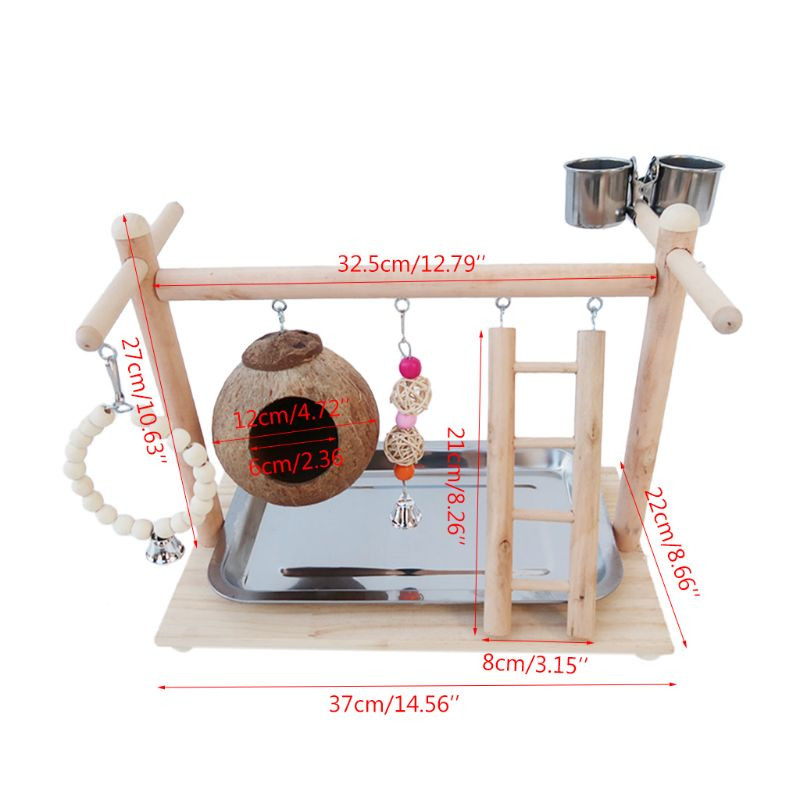 Loc de joacă pentru păsări Jucărie pentru papagal Lemn Biban Sală de sport Cochilie de nucă de cocos Cușcă pentru păsări Scară Exercițiu Jucărie pentru păsări cu pahare de hrănire pentru păsări de dragoste Conure