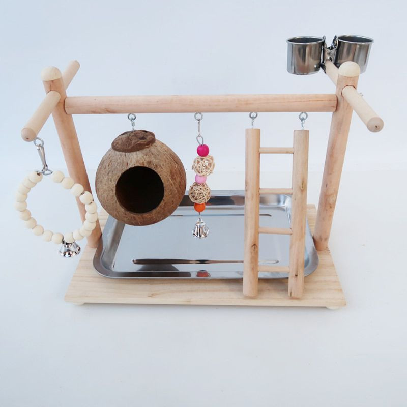 Loc de joacă pentru păsări Jucărie pentru papagal Lemn Biban Sală de sport Cochilie de nucă de cocos Cușcă pentru păsări Scară Exercițiu Jucărie pentru păsări cu pahare de hrănire pentru păsări de dragoste Conure