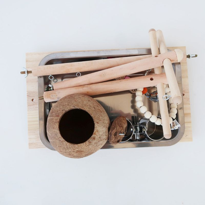 Loc de joacă pentru păsări Jucărie pentru papagal Lemn Biban Sală de sport Cochilie de nucă de cocos Cușcă pentru păsări Scară Exercițiu Jucărie pentru păsări cu pahare de hrănire pentru păsări de dragoste Conure