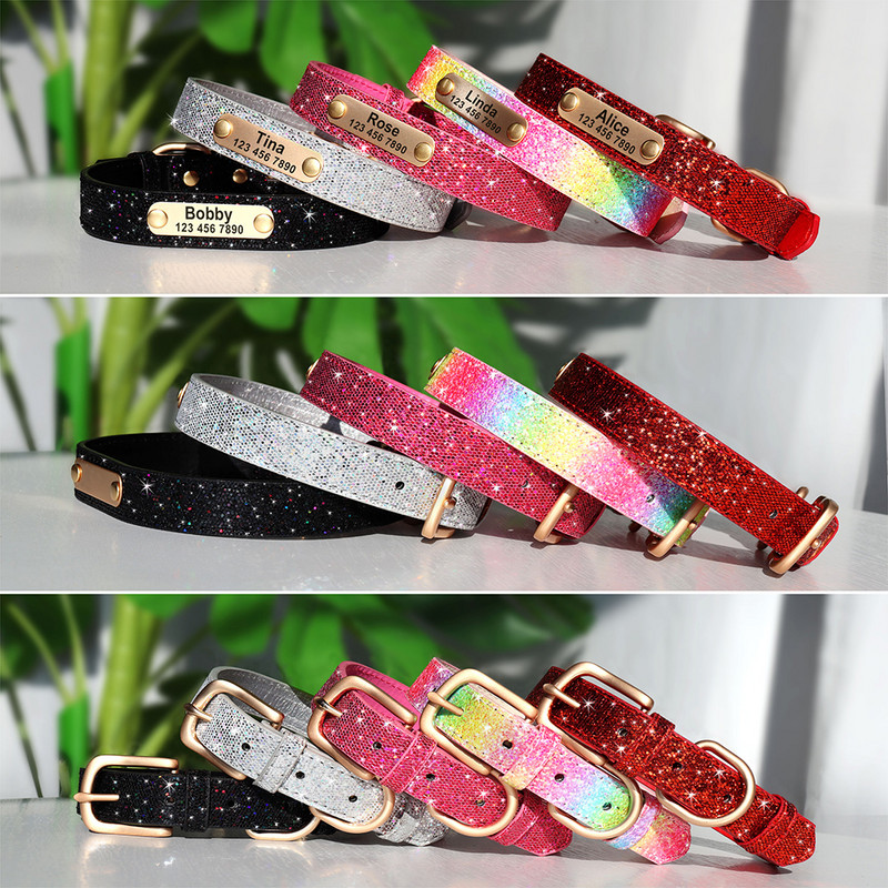 Anti-lost Dog ID Κολάρο Personalized Dogs Name Cat Collars Κολιέ με παγιέτες Bling με χαραγμένη ετικέτα για μικρομεσαίους σκύλους Γάτες