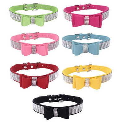 Pet Rhinestones Bow Knot Collar Dog Cat Bling Мека, сладка яка с вратовръзка PU кожена яка за домашни любимци Консумативи за домашни кучета
