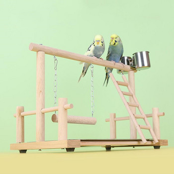 Детска площадка за дървени папагали Lovebirds Playgym с хранилка Поставка за птици Играчка за хапане Кацалки за птици със стълби Център за занимания с корели