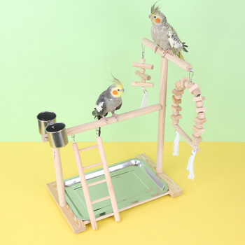 Дървена стойка за кацалки с чаши за хранилки за птици Платформа за папагал Детска площадка Фитнес зала Стойка за игри Стълба Интерактивни играчки за птици