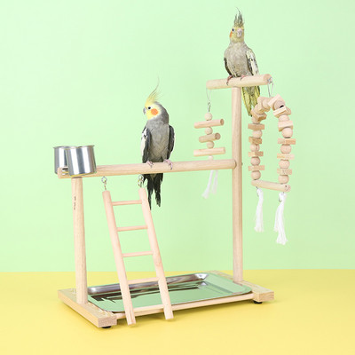 Suport de biban de păsări din lemn cu căni de hrănire pentru păsări Platformă pentru papagali Loc de joacă pentru exerciții Sală de gimnastică Suport de joacă Scară Jucării interactive pentru păsări