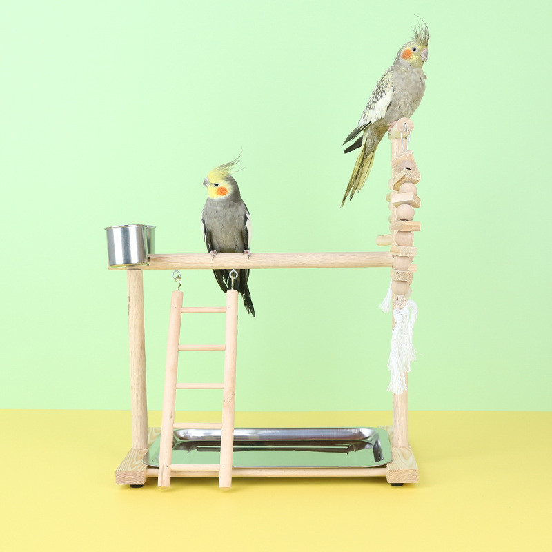 Suport de biban de păsări din lemn cu căni de hrănire pentru păsări Platformă pentru papagali Loc de joacă pentru exerciții Sală de gimnastică Suport de joacă Scară Jucării interactive pentru păsări