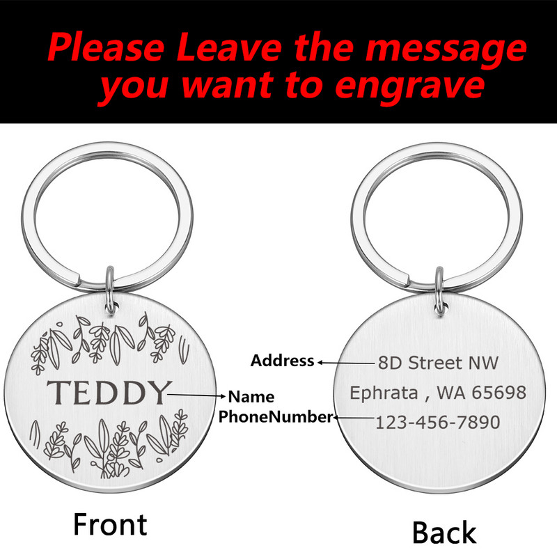 Nume personalizat Etichete de identificare pentru câinele pentru animale de companie Adresă de telefon Etichete de identificare pentru animale de companie de înaltă calitate Plăcuță de identificare din oțel inoxidabil Guler cu pandantiv anti-pierdere