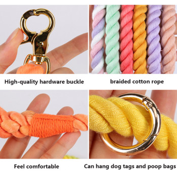 250 см каишка за кучета Ръчно изработено плетено памучно въже Здрави тежки многоцветни каишки за кучета Разходки за домашни любимци Обучение за малки, средни големи кучета