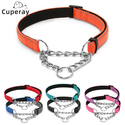 Stainless Steel Chain Martingale Collar - Stainless Steel Chain Reflective Nylon Fabric Pet Collars for Small Medium Large Dogs