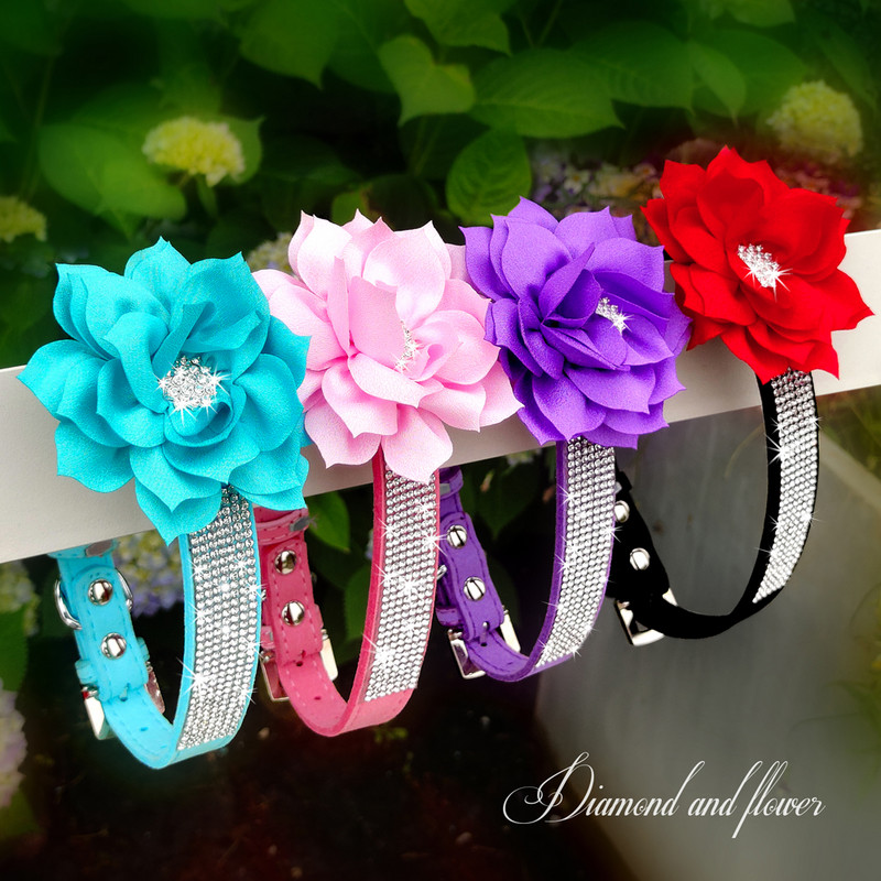 Guler de câine cu stras glitterat pentru cățeluș, gulere pentru pisici cu flori de modă, colier de cristal pentru câini pentru chihuahua