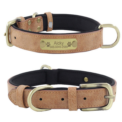 Plăcuță de identificare personalizată Guler de pisică pentru câini Etichetă cu nume de identificare gravată personalizată Guler de câine din piele moale căptușită pentru câini mici, mijlocii mari