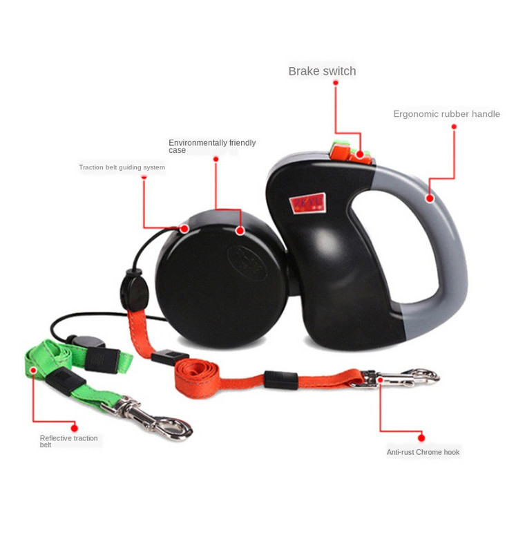 Frânghie de tracțiune cu două capete, retractabilă automată, reflectorizantă, lanț pentru câini, cu două lesă, pentru animale de companie, frânghie de patrulă pentru căței