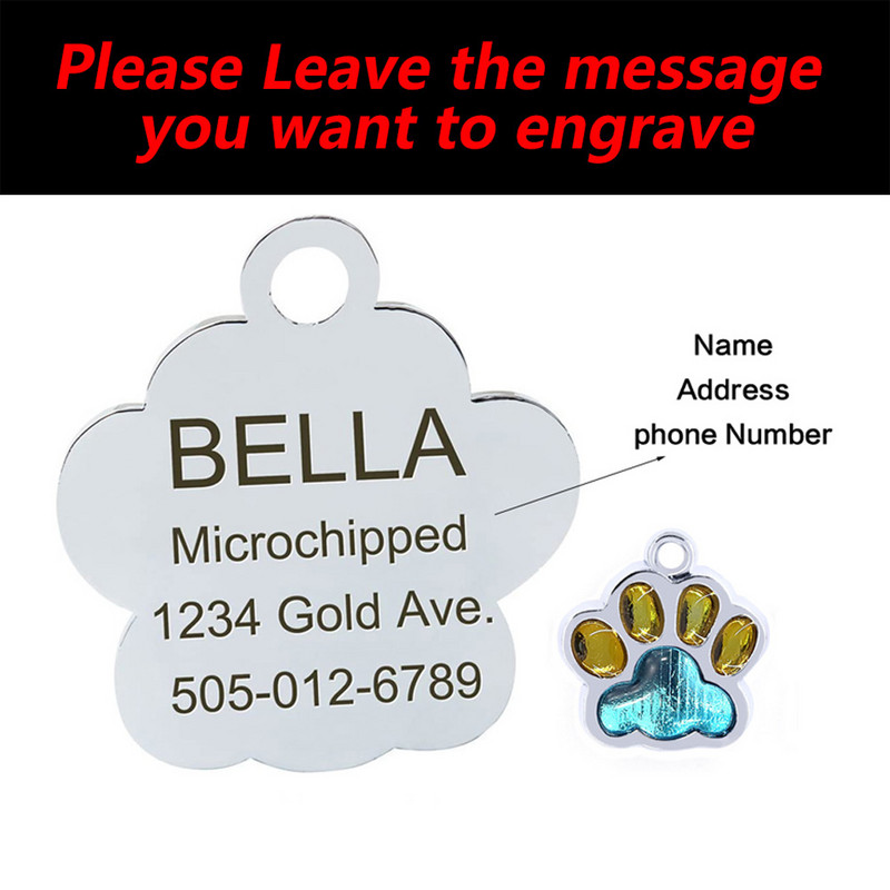 Εξατομικευμένα σκυλιά Anti-lost Έγχρωμο πόδι γάτας εκτύπωση ετικετών ταυτότητας κατοικίδιου Όνομα σκύλου Προσαρμοσμένο κολάρο μενταγιόν Κρεμαστό κουτάβι Αξεσουάρ