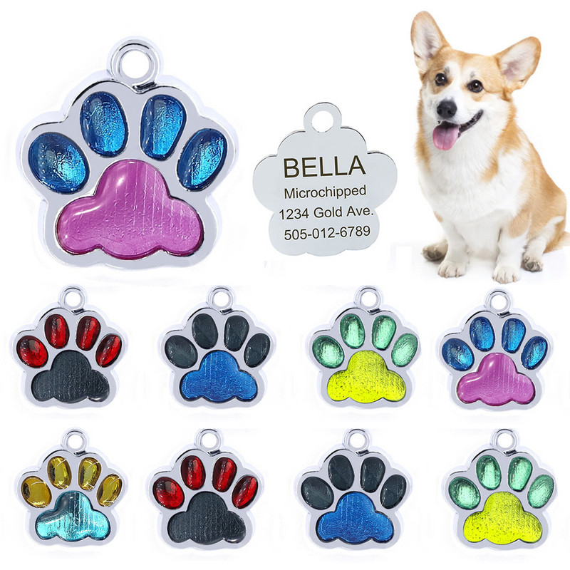 Εξατομικευμένα σκυλιά Anti-lost Έγχρωμο πόδι γάτας εκτύπωση ετικετών ταυτότητας κατοικίδιου Όνομα σκύλου Προσαρμοσμένο κολάρο μενταγιόν Κρεμαστό κουτάβι Αξεσουάρ
