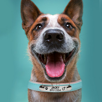 Персонализиран етикет с гравирано име Нашийник за домашни кучета за малки средни големи кучета Персонализирана идентификационна табелка Мека кожена кученце Котка Нашийник за кучета