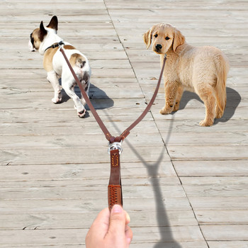 2 Ways Dog Leash Double Two Pet Leather Heads NoTangle Съединител с дръжка за разходка и обучение 2 малки средни кучета
