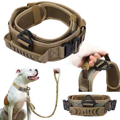 Peegeldav nailonist taktikaline koerakaelarihm Klassikaline K9 sõjaväe treenimiskoera kaelarihm 2 tugeva metallist pandlaga käepidemega suurele koerale