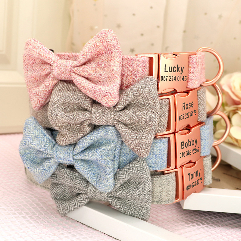 Εξατομικευμένο κολάρο σκύλου με παπιγιόν Μαλακό μάλλινο υφασμάτινο κολάρο για σκύλους με αντι-απώλεια Δωρεάν χάραξη Χαριτωμένα αξεσουάρ για κατοικίδια με παπιγιόν