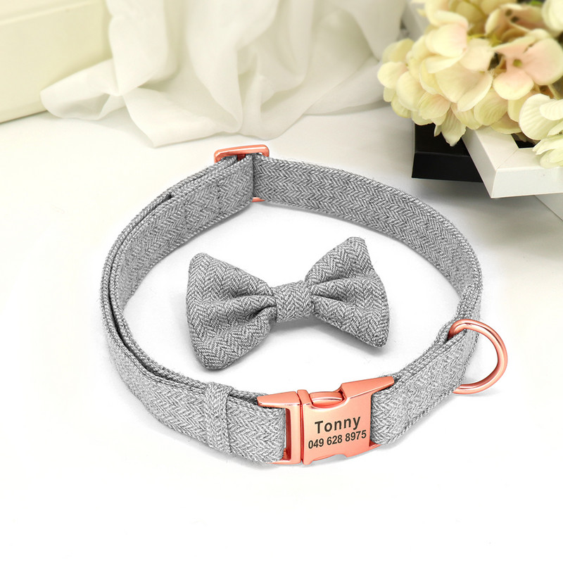 Εξατομικευμένο κολάρο σκύλου με παπιγιόν Μαλακό μάλλινο υφασμάτινο κολάρο για σκύλους με αντι-απώλεια Δωρεάν χάραξη Χαριτωμένα αξεσουάρ για κατοικίδια με παπιγιόν
