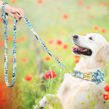 Персонализиран комплект нашийник и каишка за кучета Найлонов печат Нашийници за идентификация на кучета Оловен колан за домашни любимци Въже Аксесоари за цветя Малки, средни големи кучета