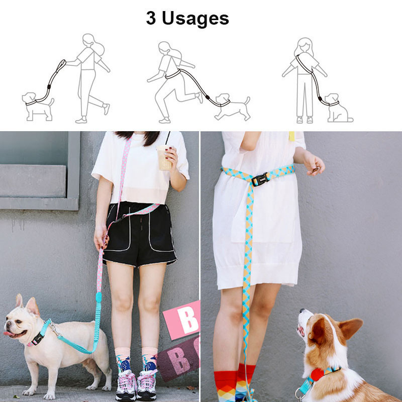 Handsfree Bungee Dog Leash Extension Extension Reflektivni najlonski podstavljeni povodac s dvostrukom ručkom za planinarenje, trčanje, male velike pse