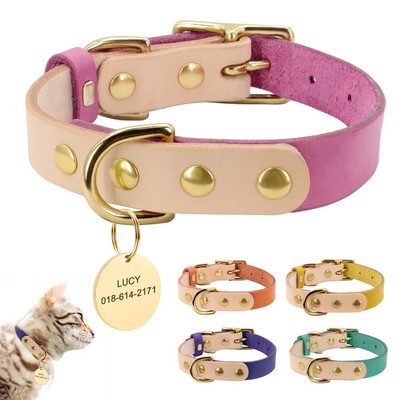 Guler personalizat pentru câini din piele naturală cu plăcuță cu nume Guler personalizat pentru chihuahua anti-pierdere pentru câini de talie mică și mijlocie pisică reglabilă