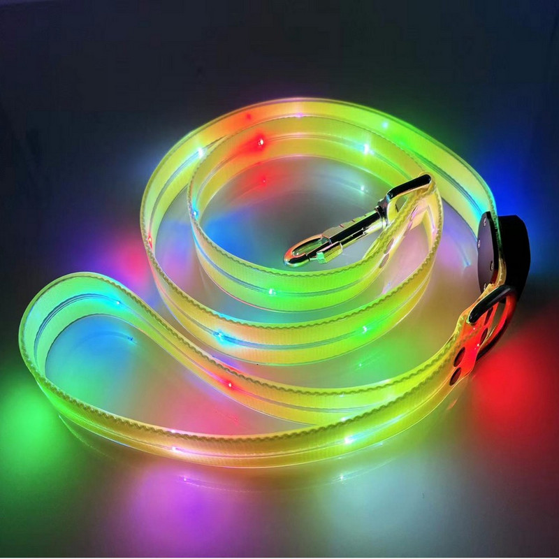 Set de lesă și guleră pentru câini, frânghie din nailon reflectorizantă impermeabilă și LED, siguranță reîncărcabilă prin USB pentru lumină intermitentă, plimbări nocturne