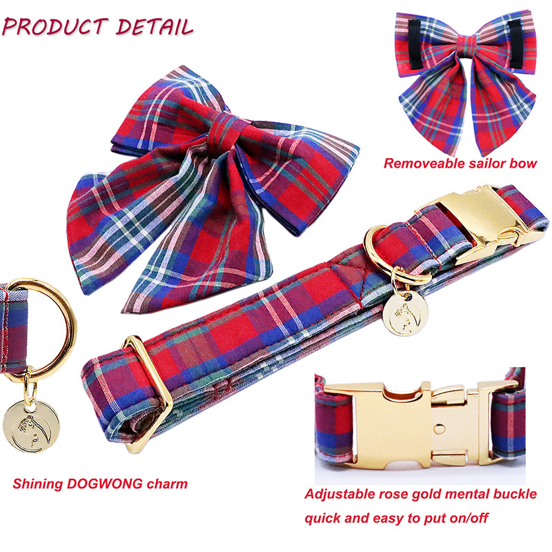 Guler de câine din bumbac de Crăciun cu stil unic Paws cu fundă de marinar Guler de cățel în carouri roșu și albastru pentru câine mic, mediu, mare