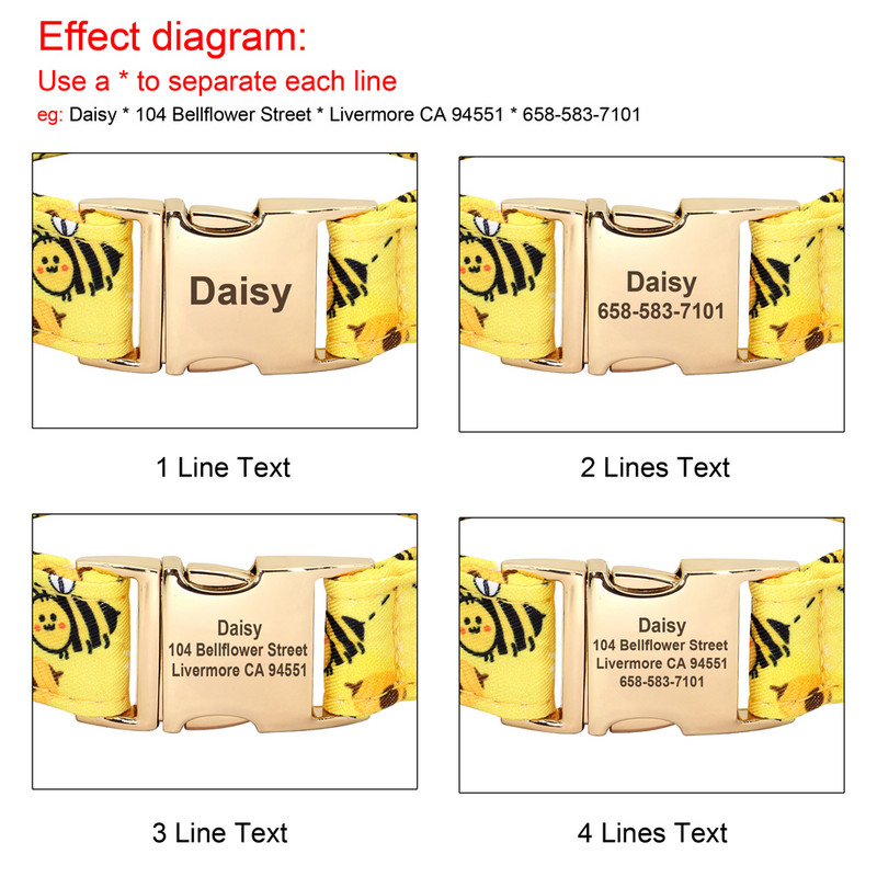 Guler personalizat de nailon pentru câini, cu flori de albine, imprimat pentru cățeluși, coliere personalizate gratuite pentru identificarea animalelor de companie, pentru câini mici și mari Chihuahua