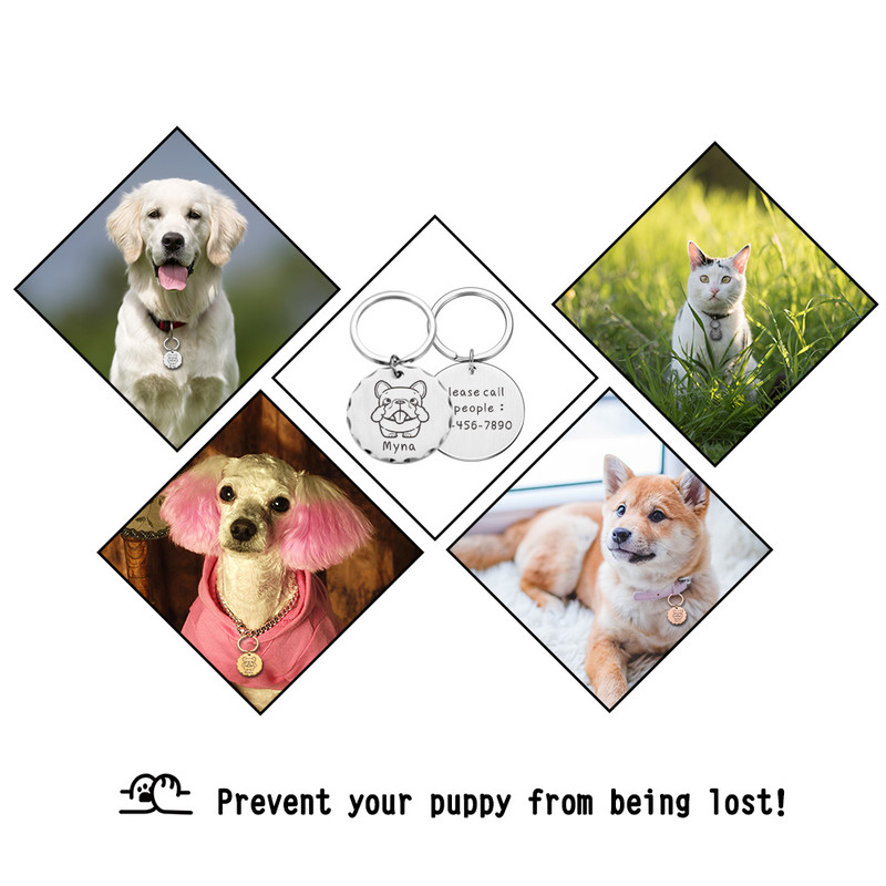 Etichete pentru animale de companie Etichetă personalizată de identificare pentru câine Plăcuță cu nume gravată Ustom pentru cățeluș Accesoriu anti-pierdere Breloc metal cu pandantiv