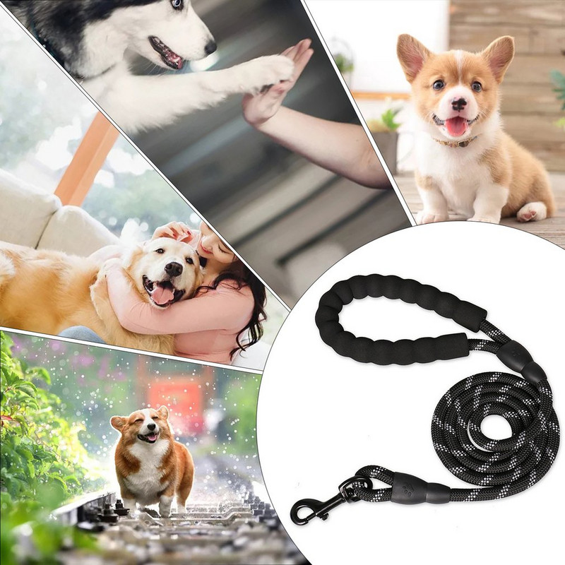 Lesă fierbinte pentru animale de companie de 1,5 m Lesă puternică reflectorizante pentru câini, lungă, cu mâner căptușit confortabil, antrenament pentru sarcini grele, lesă durabilă din frânghie din nailon