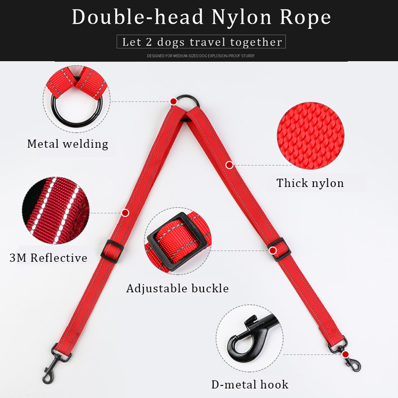 KOMMILIFE Lesă dublă reflectorizată pentru câini pentru plimbare 2 doi câini Lesă dublă reglabilă din nailon pentru câini mici, mijlocii mari