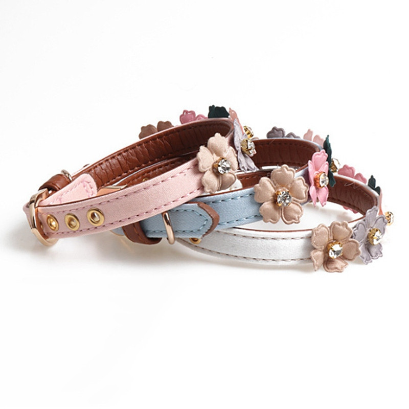 Flori 3D Guler pentru câini Câini mici Colier prințesă pisică Produse pentru animale de companie Drăguț diamante strălucitoare Guler PU pentru câini mici Chihuahua #