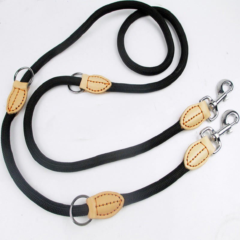 Lesă multifuncțională pentru doi câini Lesă dublă din nailon Guler cu lanț P, lungă, scurtă, reglabilă, pentru dresaj de câini, frânghie pentru câine legată