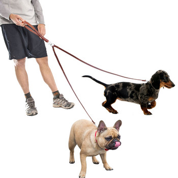 Двойна каишка за кучета Двойна каишка за кучета от естествена кожа Въртяща се на 360 без оплитане Каишка за ходене и обучение за две кучета Мека дръжка
