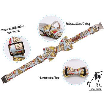 PIZZA Комплект нашийник и каишка от памучен плат с папионка за големи и малки кучета Метална катарама Аксесоари за домашни любимци