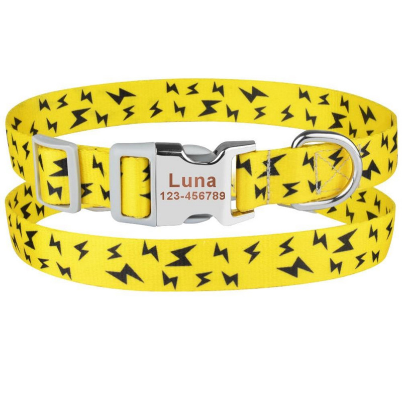 Guler personalizat pentru animale de companie, plăcuță cu nume de cățeluș personalizat, ajustabil, amuzant, cu desene animate, fulger, fani, zgarda de bază pentru pisici pentru câini