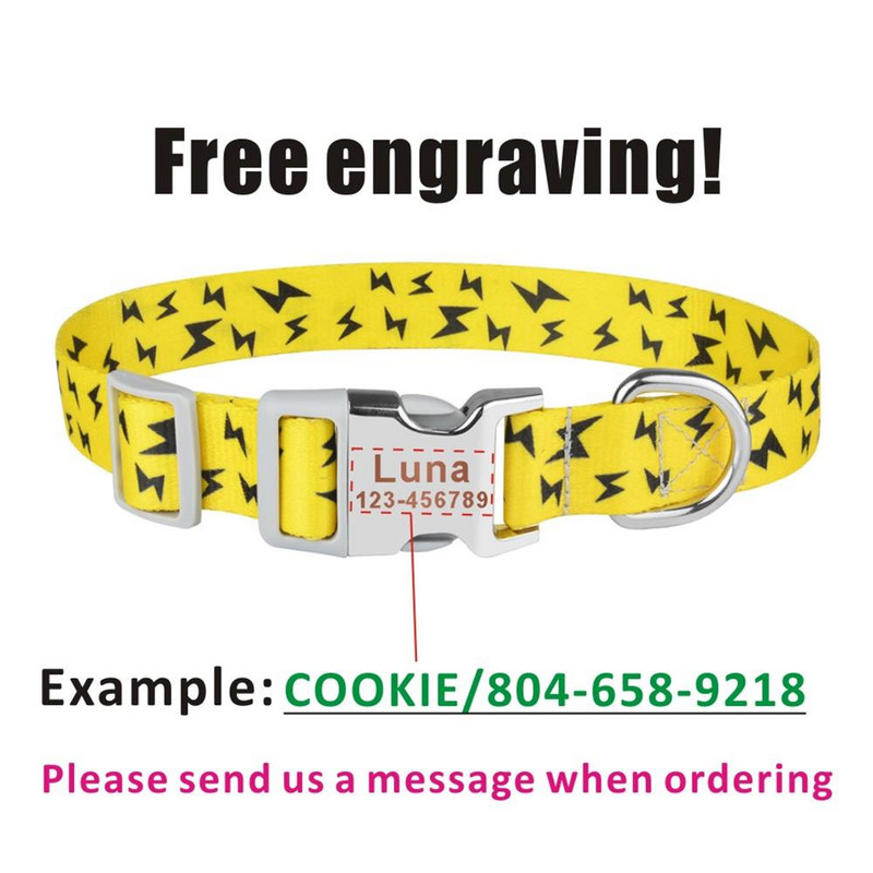 Guler personalizat pentru animale de companie, plăcuță cu nume de cățeluș personalizat, ajustabil, amuzant, cu desene animate, fulger, fani, zgarda de bază pentru pisici pentru câini