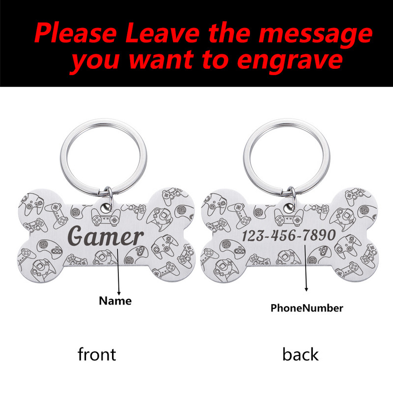 Εξατομικευμένη ετικέτα ταυτότητας κατοικίδιων Δωρεάν χαραγμένο μπρελόκ για το όνομα του κατοικίδιου για γάτα κουτάβι σκύλος Gamer Κρεμαστό κόκκαλο με ετικέτα Αξεσουάρ για κατοικίδια