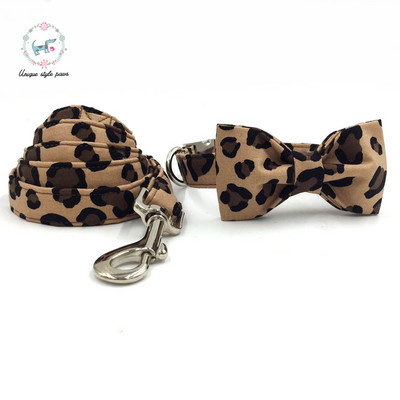 Jedinstven stil Paws Ogrlica za pse i povodac s uzorkom leoparda s leptir mašnom Pamučna ogrlica za pse i mačke i povodac za pse