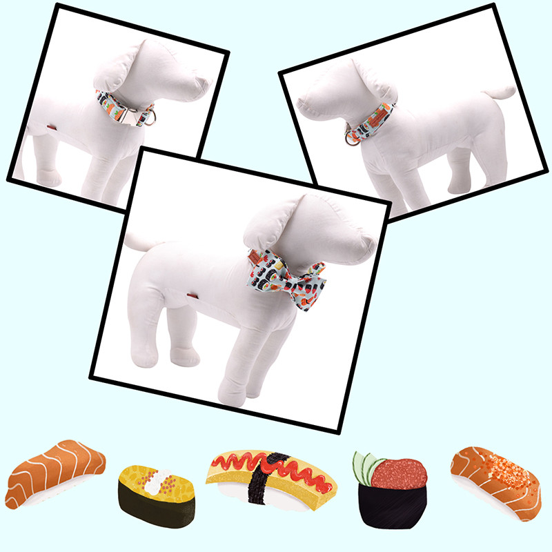 Set guler și lesă pentru câini din material de bumbac albastru sushi cu papion pentru câini mari și mici, cataramă metalică, accesorii pentru animale de companie