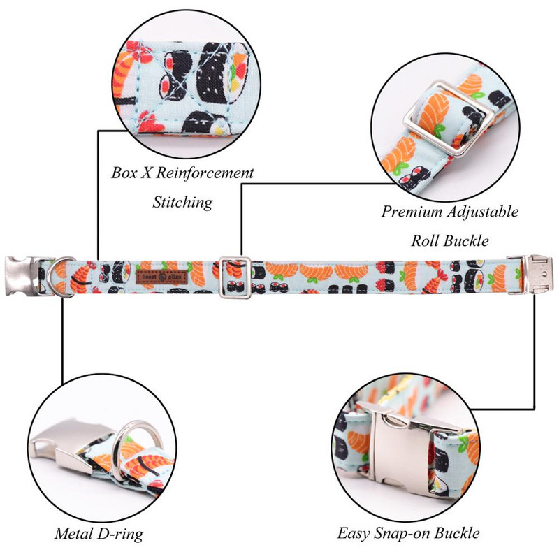 Set guler și lesă pentru câini din material de bumbac albastru sushi cu papion pentru câini mari și mici, cataramă metalică, accesorii pentru animale de companie
