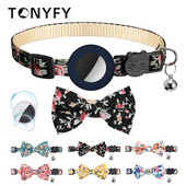 Pentru husă Apple Airtag Guler reglabil cu clopoței pentru pisici cu fundă imprimată Guler pentru animale de companie în 2 moduri Căutare GPS Carcasă pentru urmărirea locației anti-pierdere