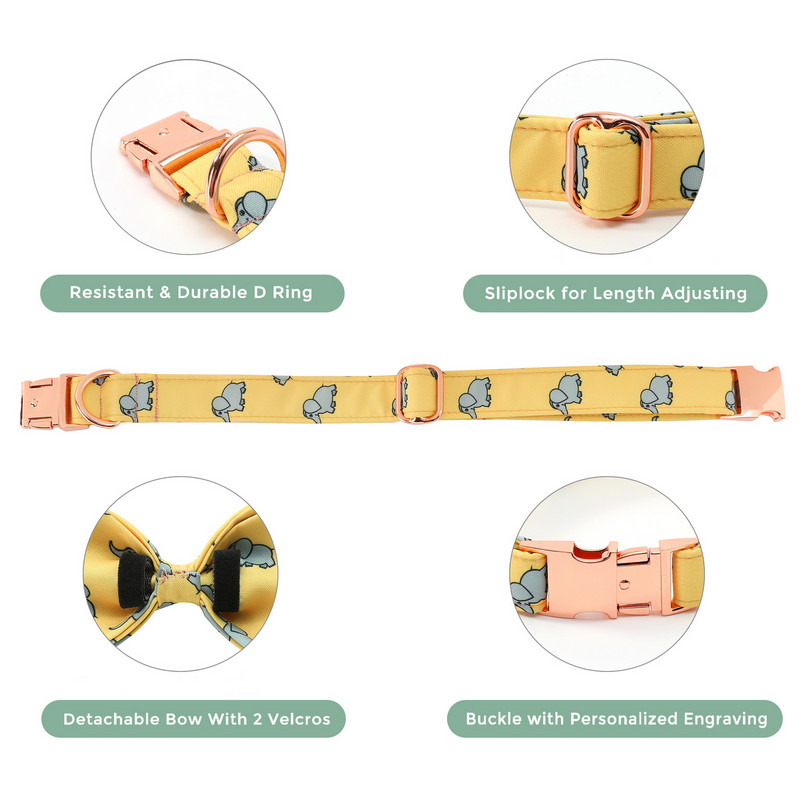 Guler personalizat pentru câini Set centură cu fundătură, elefant mediu, catifea, mărime, guler pentru câine ID personalizat pentru câine de companie