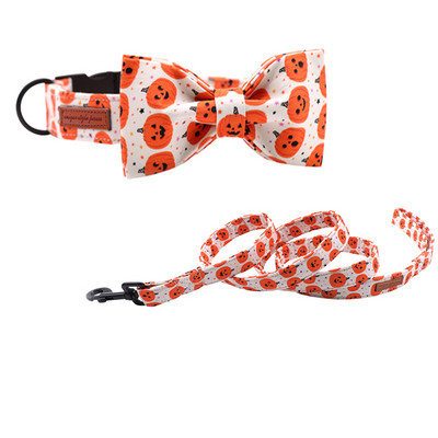 Set de guler și lesă pentru câini din țesătură de bumbac dovleac de Halloween cu papion pentru câini mari și mici, cataramă metalică, accesorii pentru animale de companie
