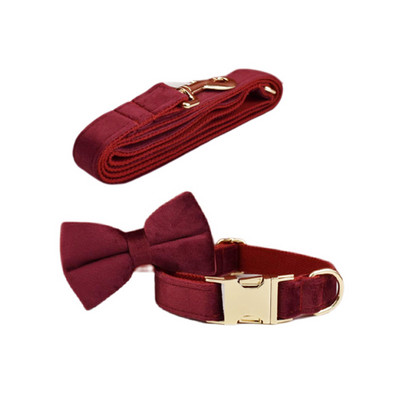 Set guler și lesă pentru câini din catifea vin roșu pentru câini mari Plăcuță de identificare gravată personalizată Articole pentru animale de companie Lesă pentru câini Velvet07