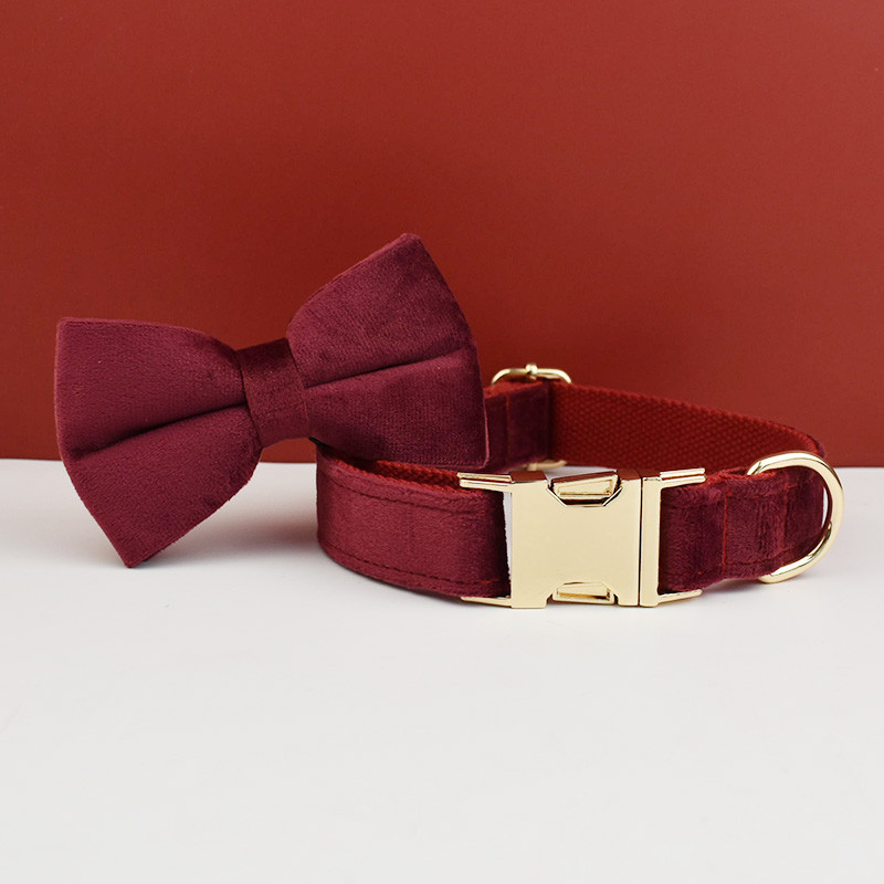 Set guler și lesă pentru câini din catifea vin roșu pentru câini mari Plăcuță de identificare gravată personalizată Articole pentru animale de companie Lesă pentru câini Velvet07