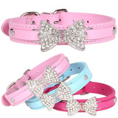 Guler de câine din piele PU pentru animale de companie, pisică, pentru câine, cu strasuri, cu fundă, pentru cățeluș, pentru mic, mediu, mai mare, curea de gât pentru câine Chihuahua Teddy XS/S/M/L