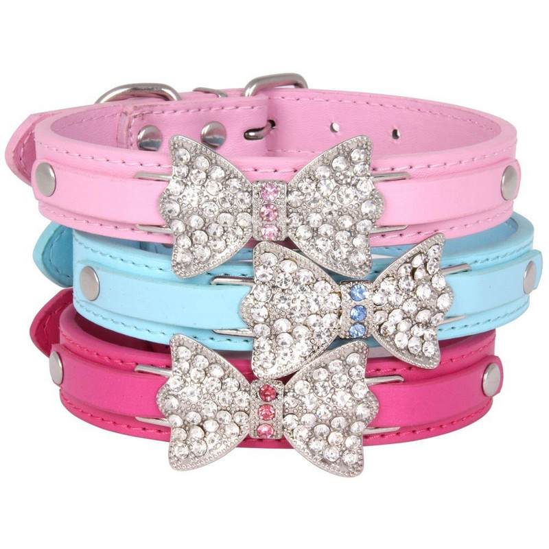 Guler de câine din piele PU pentru animale de companie, pisică, pentru câine, cu strasuri, cu fundă, pentru cățeluș, pentru mic, mediu, mai mare, curea de gât pentru câine Chihuahua Teddy XS/S/M/L