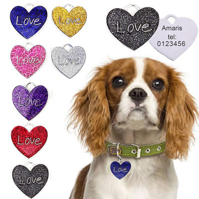 Glitter Heart Metāla suņu birka Personalizēti uzraksti Mājdzīvnieka identitātes birka Suņu apkakles siksna pret nozaudēšanu piekarināmi mājdzīvnieku piederumi Aksesuāri